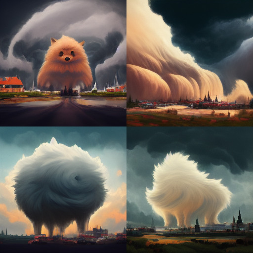 Midjourney giant_Pomeranian_storms_town
