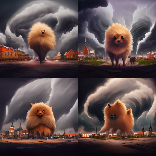 Midjourney giant_Pomeranian_storms_town 2