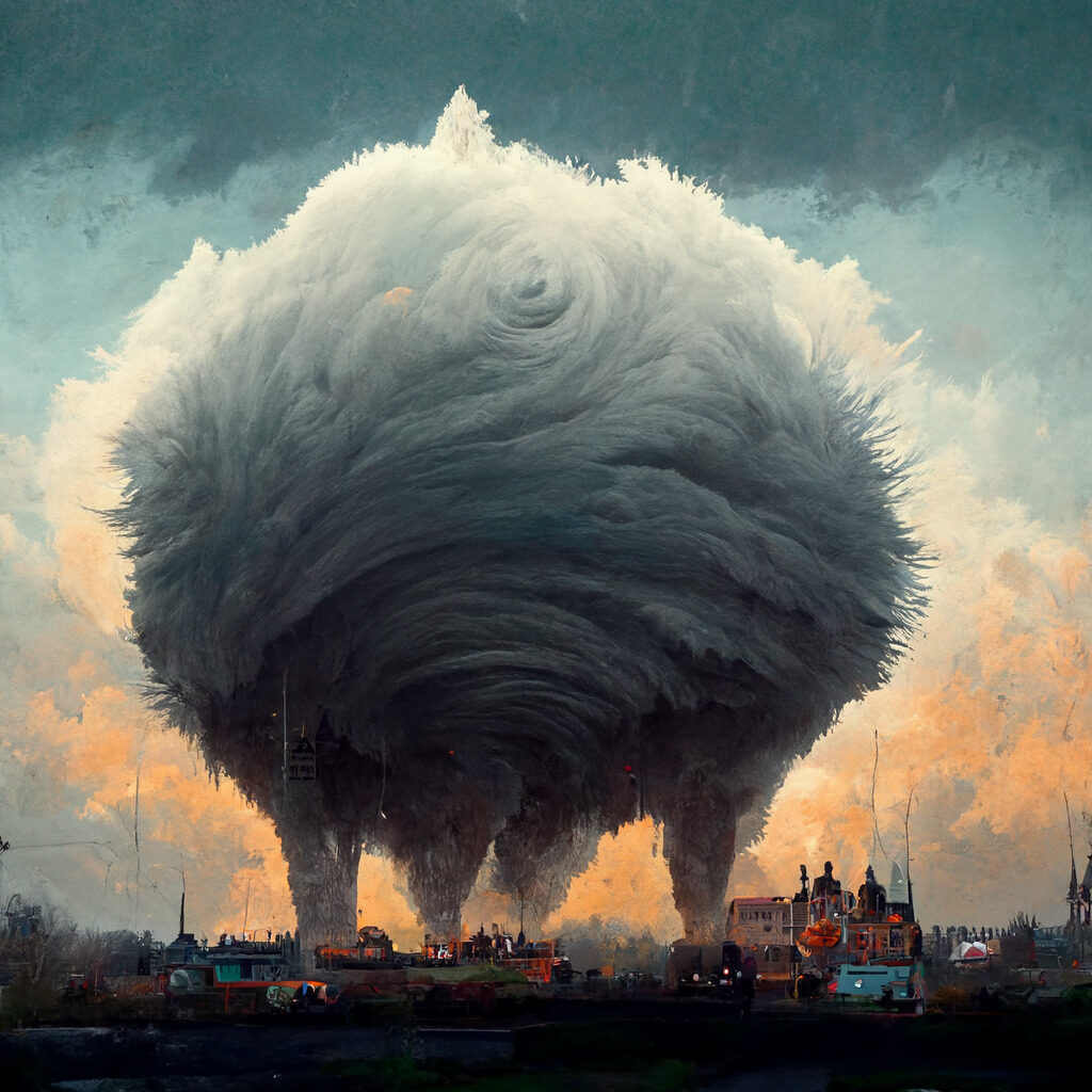Midjourney giant_Pomeranian_storms_town 3