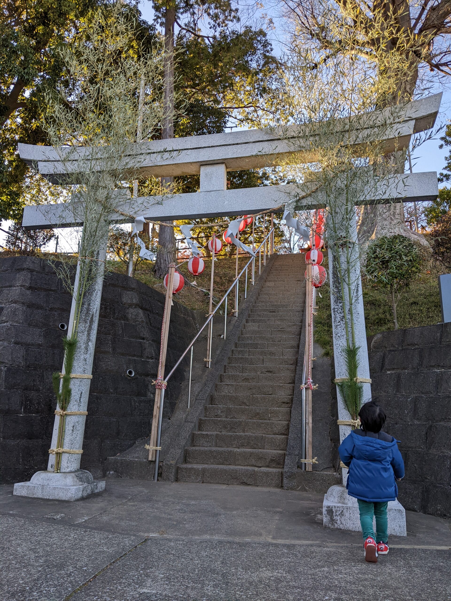 神社の鳥居と3歳児