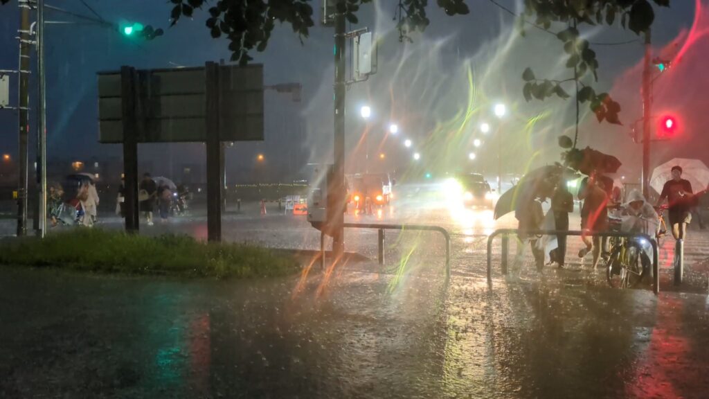 大雨に惑う人々